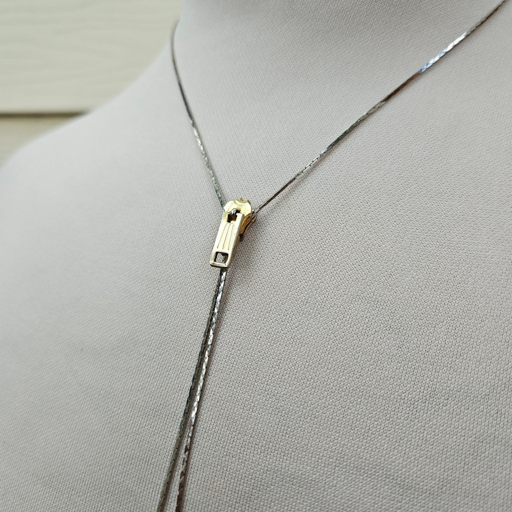 Vintage Silver Tone Zipper Lariat Necklace Adjustable Snake Chain Mixed Metal